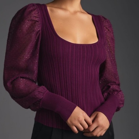 Anthropologie Elegant Purple Puff Sparkle Sleeve Women's Top - Picture 2 of 10